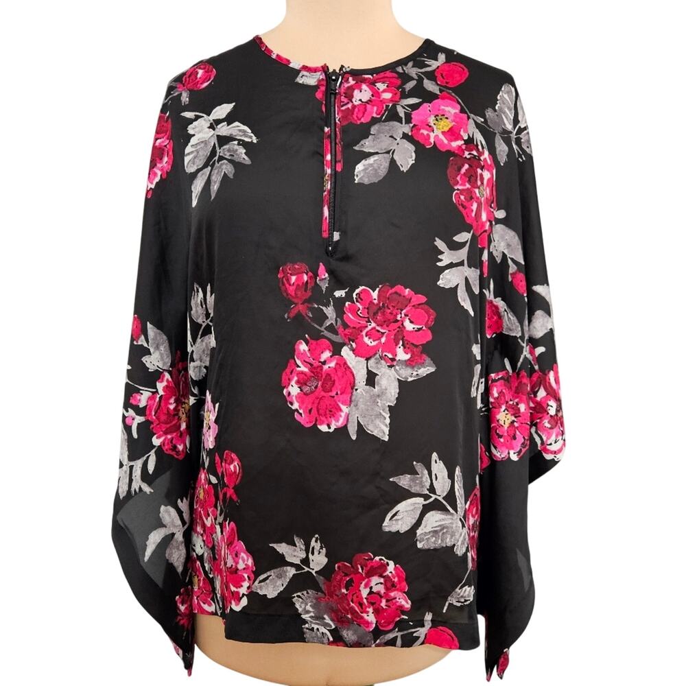 Dana Buchman Black Floral Blouse Zip Front Large Poncho Cape Top Casual Mature